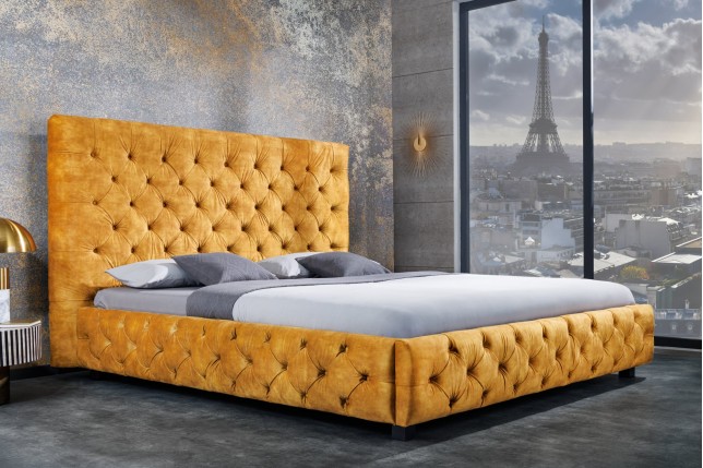 Lit Chesterfield PARIS 160x200 Velours Jaune Moutarde