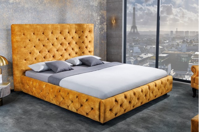Lit Chesterfield PARIS 160x200 Velours Jaune Moutarde