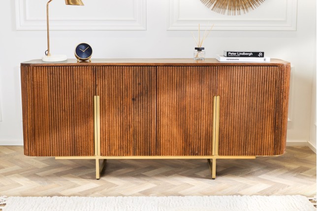 Buffet bas GATSBY 160cm manguier rétro brun et doré