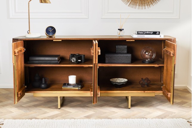 Buffet bas GATSBY 160cm manguier rétro brun et doré