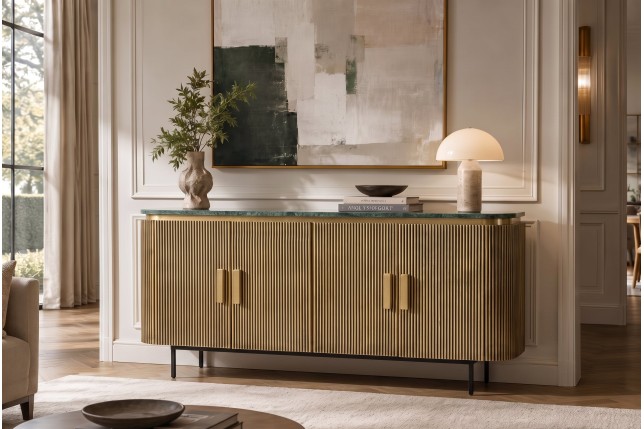 Buffet bas VENEZIANO 160cm manguier, marbre et laiton