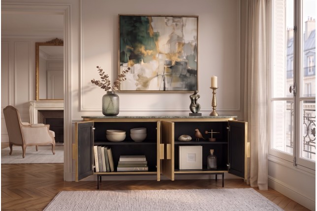 Buffet bas VENEZIANO 160cm manguier, marbre et laiton