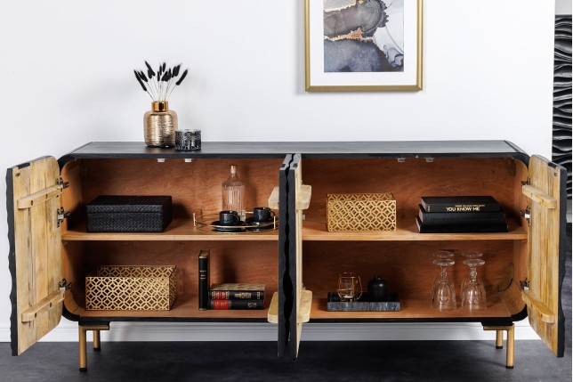 Buffet bas WAVE 160cm manguier noir pieds dorés