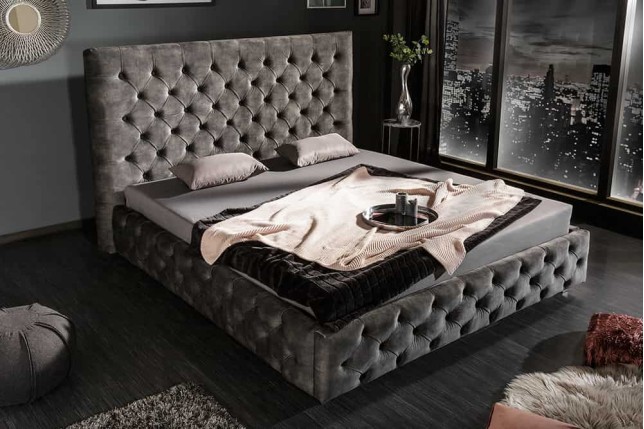 Lit Chesterfield PARIS 160x200cm velours gris olive