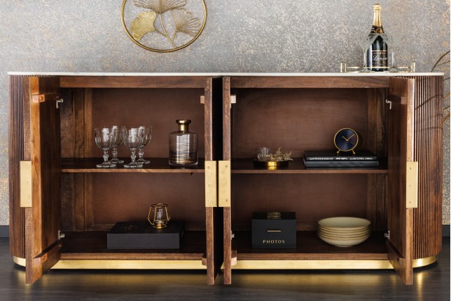 Buffet bas GATSBY 170cm manguier et marbre blanc