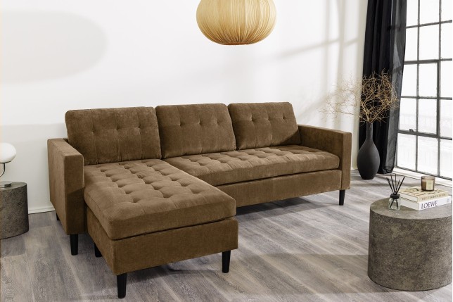 Canapé d'angle STOCKHOLM 220cm 3 places en tissu cordé marron