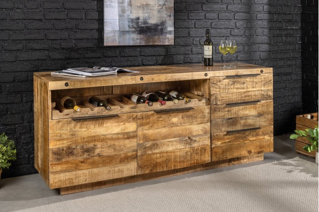 Buffet bas IRON CRAFT 175cm manguier avec range-bouteilles