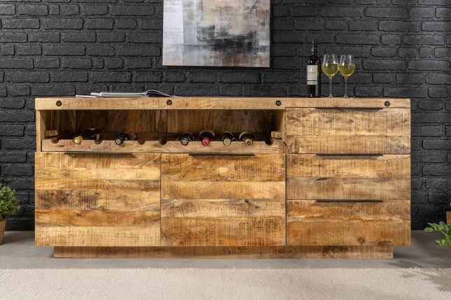 Buffet bas IRON CRAFT 175cm manguier avec range-bouteilles