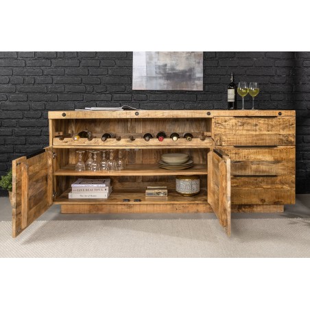 Buffet bas IRON CRAFT 175cm manguier avec range-bouteilles