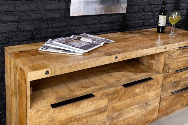 Buffet bas IRON CRAFT 175cm manguier avec range-bouteilles