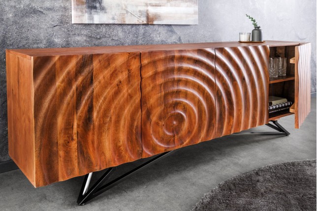 Buffet bas ZEN 180cm - Bois manguier 3D et métal noir