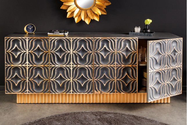 Buffet bas PIAZZA SAN MARCO 180cm manguier bleu-gris doré