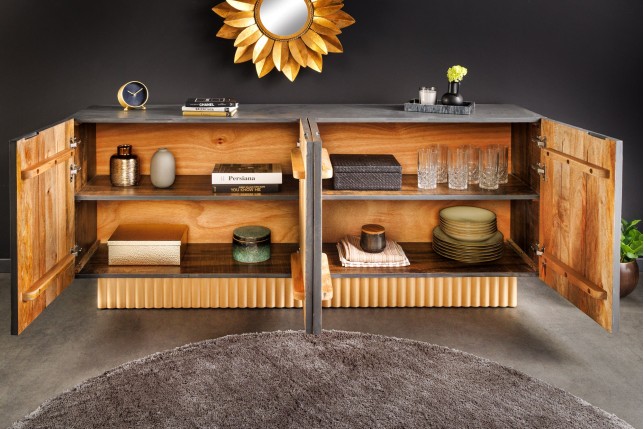 Buffet bas PIAZZA SAN MARCO 180cm manguier bleu-gris doré