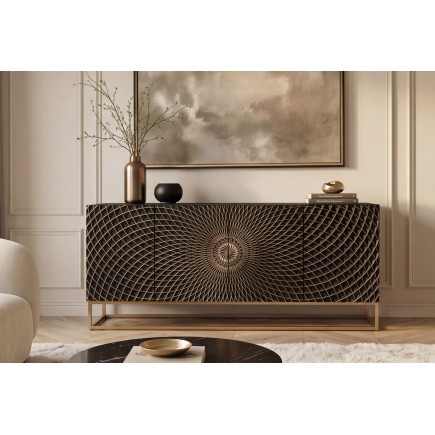 Buffet bas ILLUSION 180cm manguier 3D noir et doré