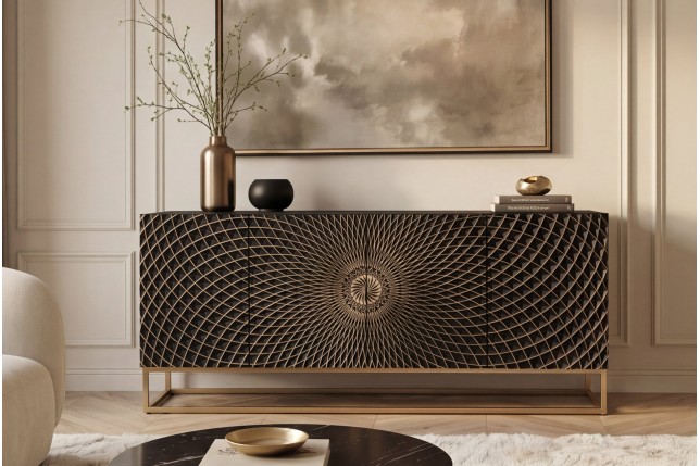 Buffet bas ILLUSION 180cm manguier 3D noir et doré