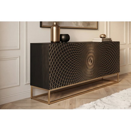 Buffet bas ILLUSION 180cm manguier 3D noir et doré 2