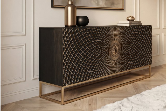 Buffet bas ILLUSION 180cm manguier 3D noir et doré