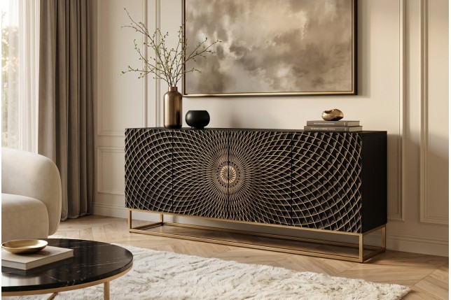 Buffet bas ILLUSION 180cm manguier 3D noir et doré