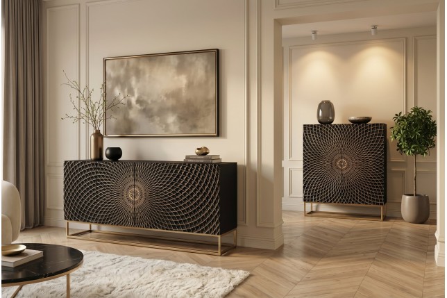 Buffet bas ILLUSION 180cm manguier 3D noir et doré