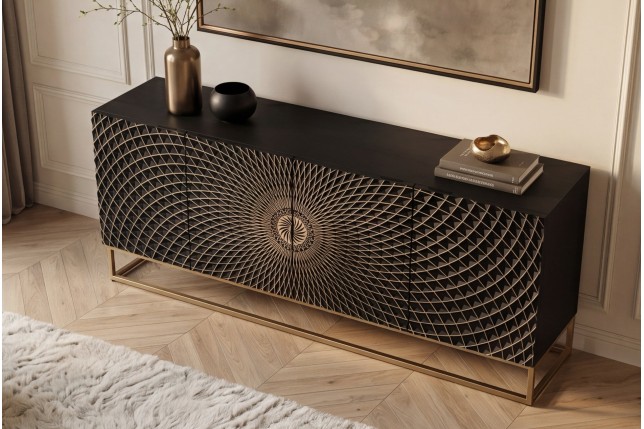 Buffet bas ILLUSION 180cm manguier 3D noir et doré