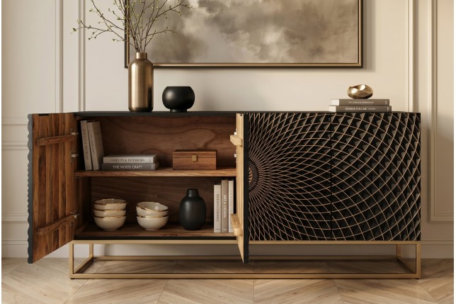 Buffet bas ILLUSION 180cm manguier 3D noir et doré