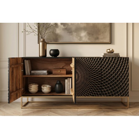 Buffet bas ILLUSION 180cm manguier 3D noir et doré