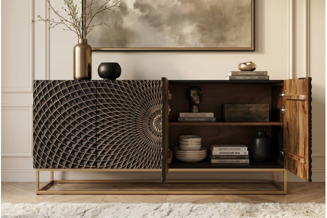 Buffet bas ILLUSION 180cm manguier 3D noir et doré