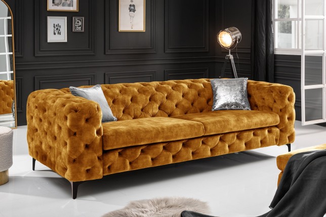Canapé Chesterfield MODERN BAROCK 240cm 3 places velours jaune moutarde