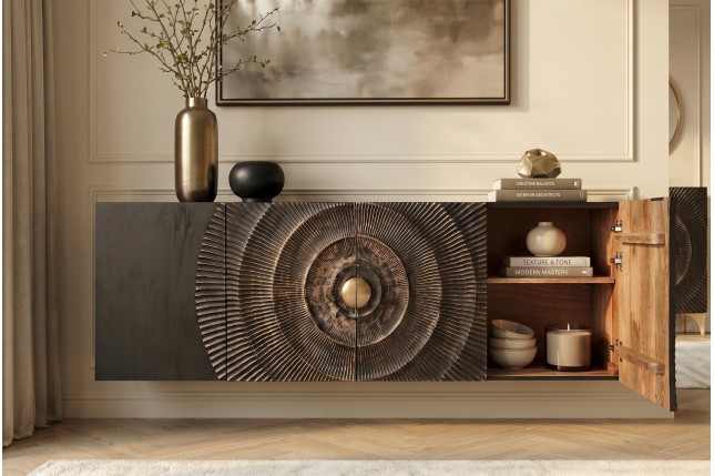Buffet bas GOLDEN SUNSET 180cm manguier noir et doré