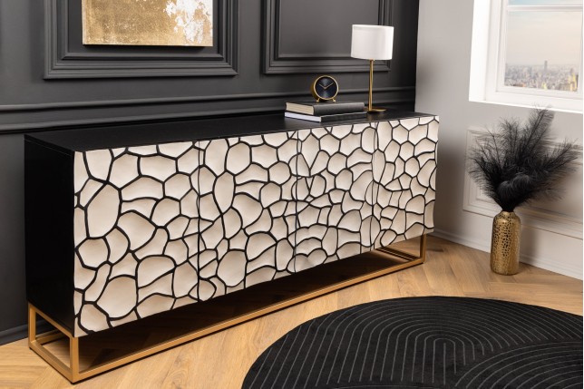 Buffet bas VULCANO 180cm mosaïque 3D manguier noir blanc