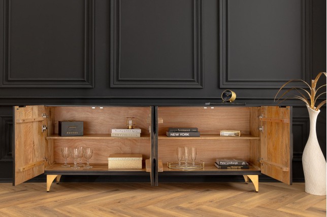 Buffet bas SOLARIS 180cm manguier massif noir & doré