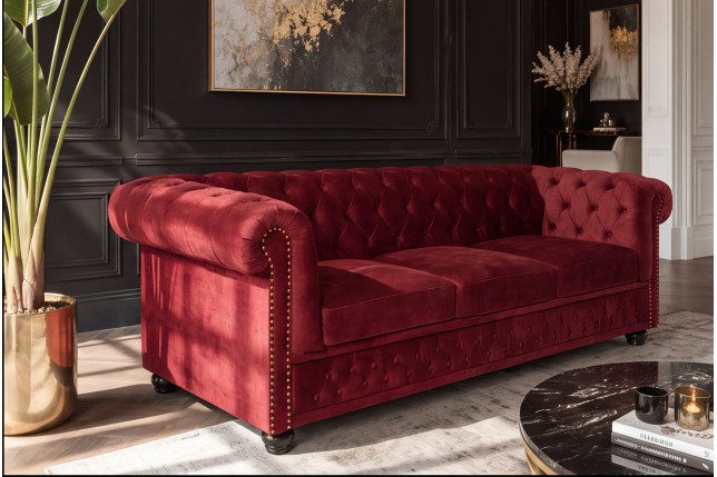Canapé Chesterfield 205cm 3 places velours rouge