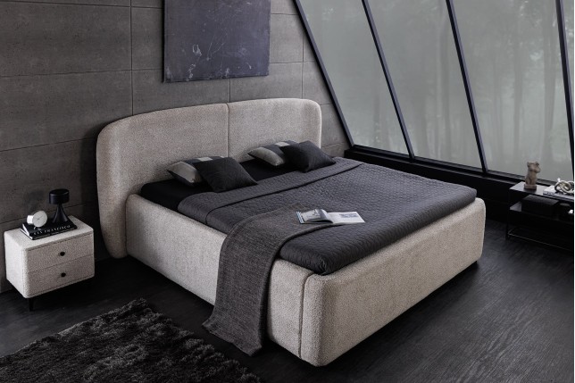 Lit ART DECO 180x200cm bouclé greige avec rangement intégré