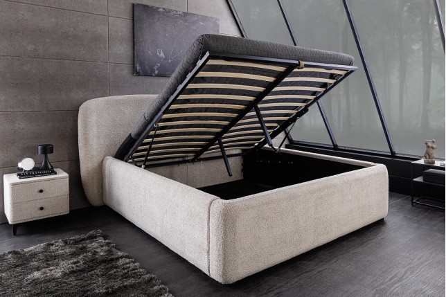 Lit ART DECO 180x200cm bouclé greige avec rangement intégré