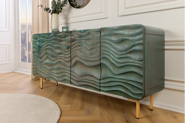 Buffet bas WAVE 160cm turquoise bois manguier - pieds doré