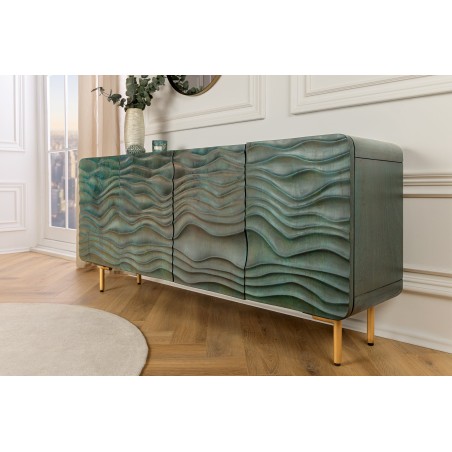 Buffet bas WAVE 160cm turquoise bois manguier - pieds doré