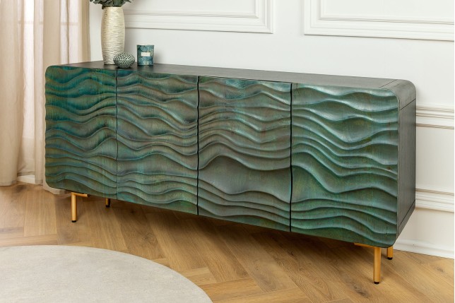 Buffet bas WAVE 160cm turquoise bois manguier - pieds doré