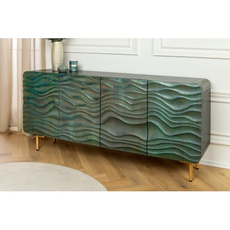 Buffet bas WAVE 160cm turquoise bois manguier - pieds doré