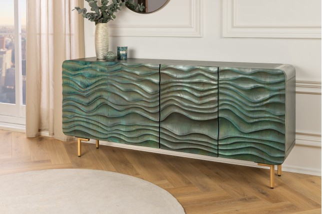 Buffet bas WAVE 160cm turquoise bois manguier - pieds doré