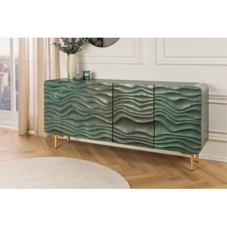 Buffet bas WAVE 160cm turquoise bois manguier - pieds doré