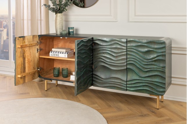 Buffet bas WAVE 160cm turquoise bois manguier - pieds doré