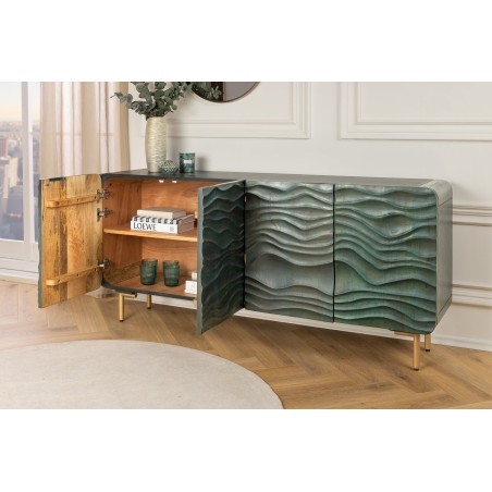Buffet bas WAVE 160cm turquoise bois manguier - pieds doré