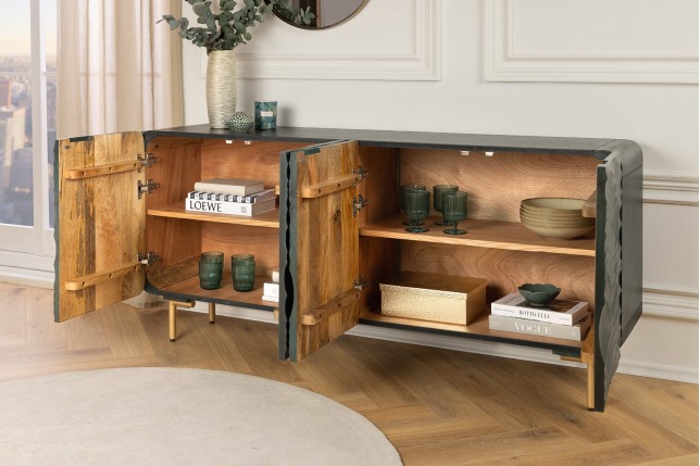 Buffet bas WAVE 160cm turquoise bois manguier - pieds doré