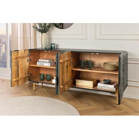 Buffet bas WAVE 160cm turquoise bois manguier - pieds doré