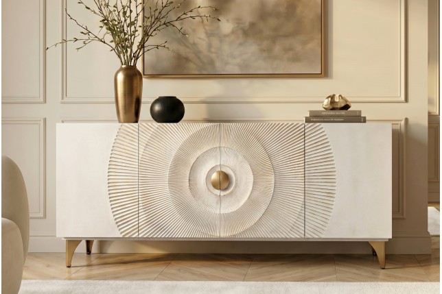 Buffet bas GOLDEN SUNSET 180cm manguier blanc et doré