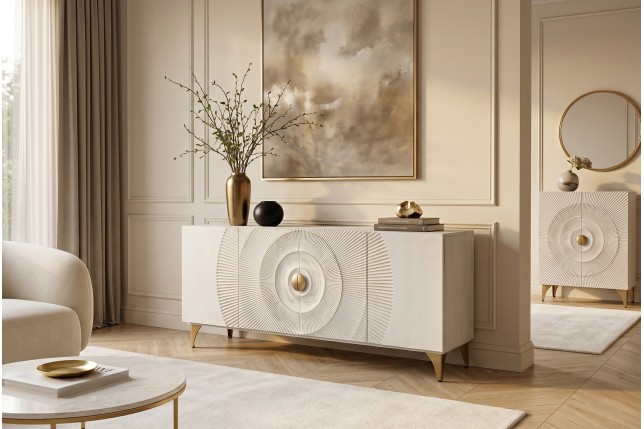 Buffet bas GOLDEN SUNSET 180cm manguier blanc et doré