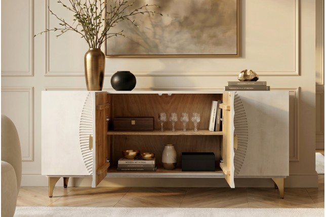 Buffet bas GOLDEN SUNSET 180cm manguier blanc et doré