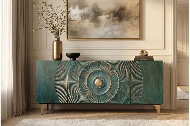 Buffet bas GOLDEN SUNSET 180cm manguier turquoise doré