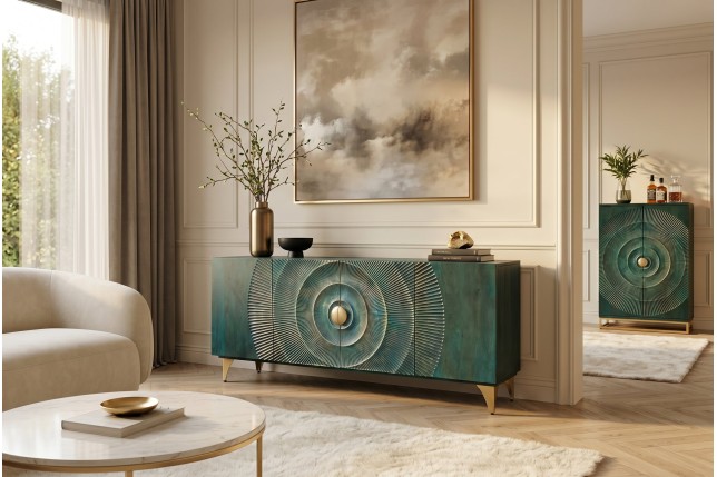 Buffet bas GOLDEN SUNSET 180cm manguier turquoise doré