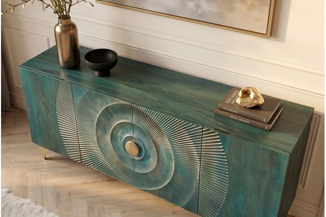 Buffet bas GOLDEN SUNSET 180cm manguier turquoise doré